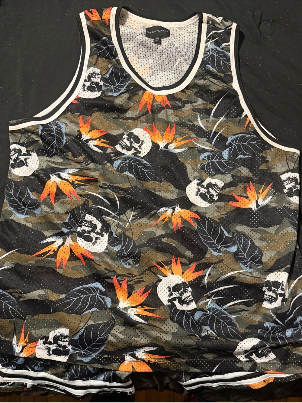 No Boundaries Men’s Camouflage Skull & Floral Mesh Tank - Black/Olive/Orange